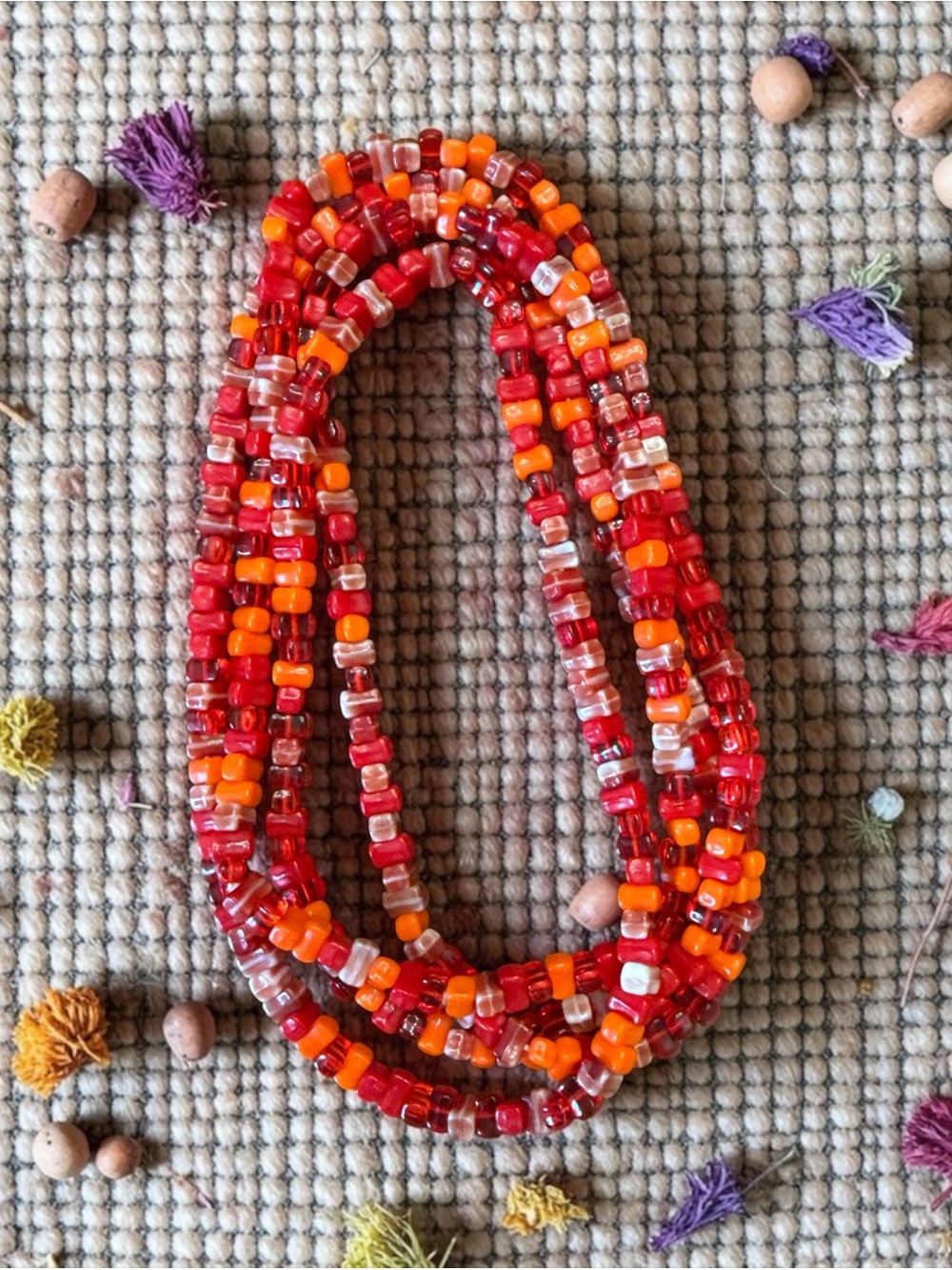 Vintage long strand Red & Orange Rectangular Bead Necklace 49” - Picture 8 of 15